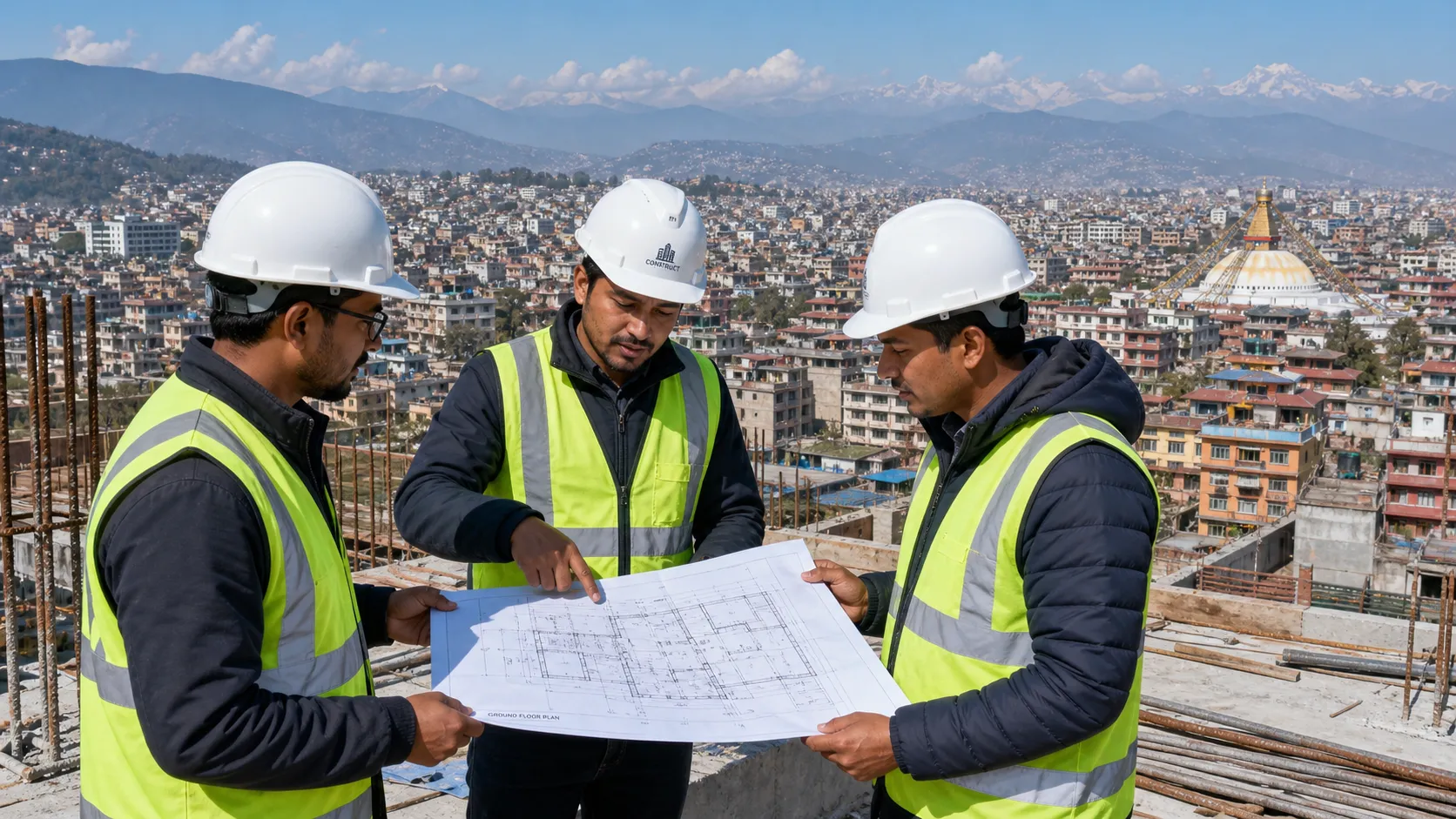 Construction crew standing together on an open site